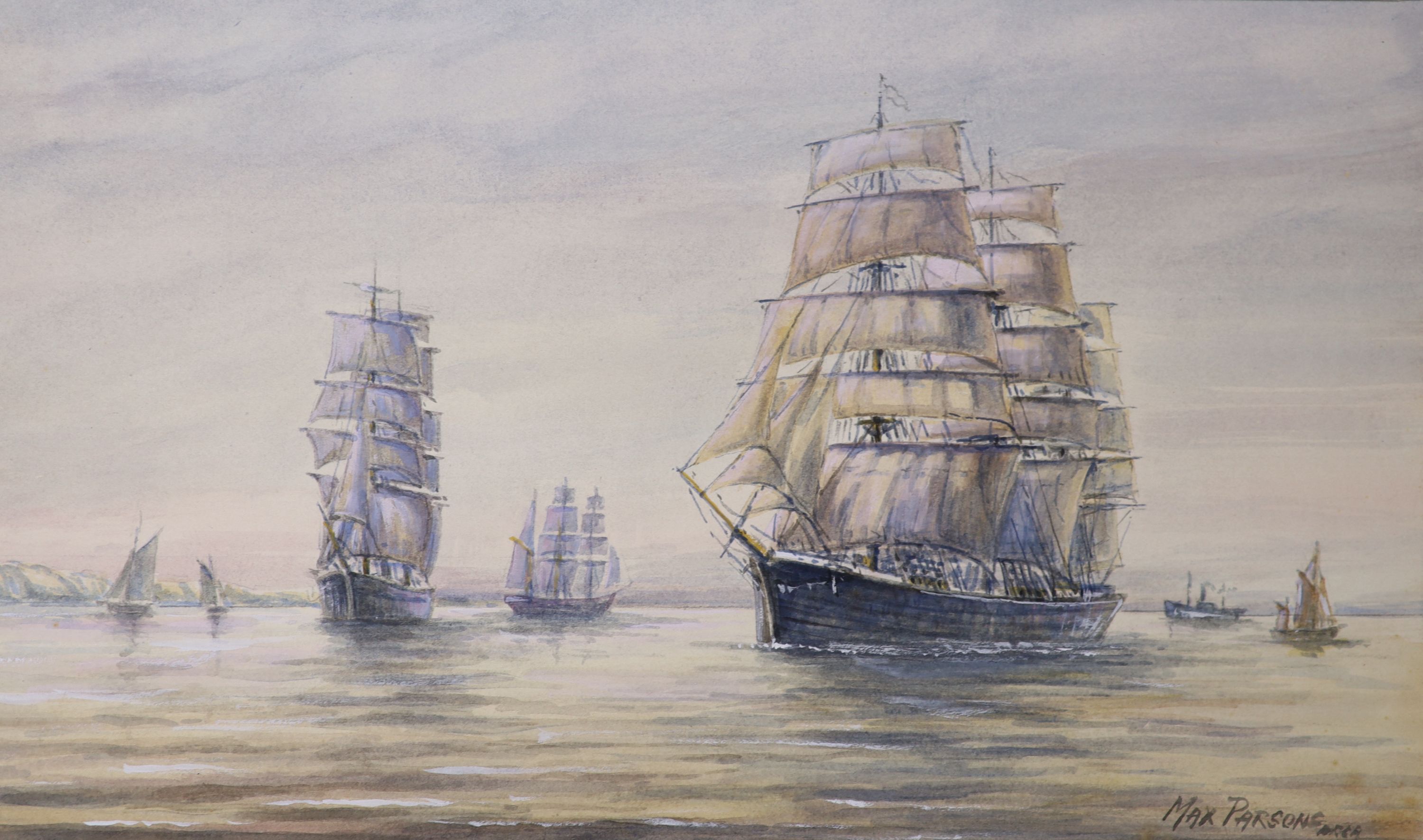 Max Parsons A.R.C.A. (1915-1998), a group of five watercolour drawings of sailing clippers and other vessels at sea, some signed, one dated 1982, unframed, 37 x 28cm (largest)